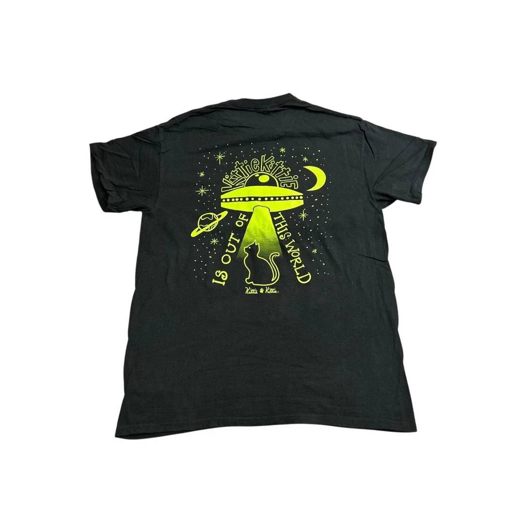 Kittie‎ Kittie UFO Cat Graphic Tee Mens Size M Black Neon Green Excellent Shirt